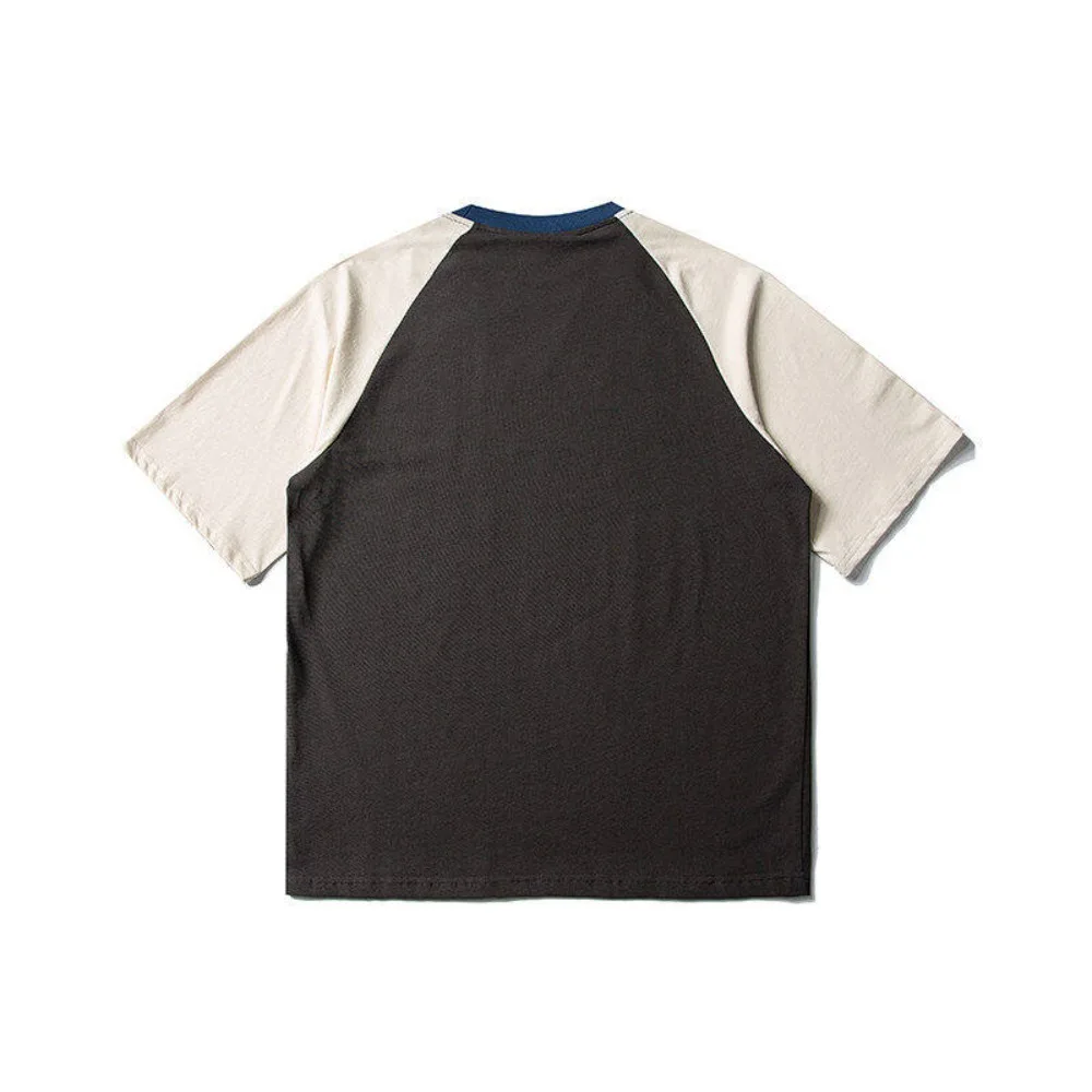 Summer New Color Blocked Shoulder Sleeve T-shirt for Men and Women Retro Loose Casual Couple Short Sleeve Round Neck Tee