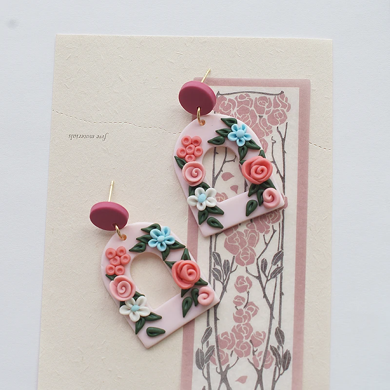 Handmade Polymer Clay Vintage Flowers Earrings Set Beige Geometric & Floral Arch Dangle Solid Pink Colors Special Holiday Gift