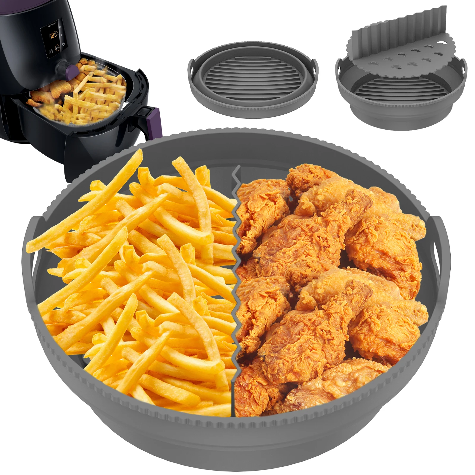 

6Set Air Fryer Silicone Liner Pot with Separator Foldable Air Fryer Silicone Basket Multifunctional Tray Kitchen Baking Tool