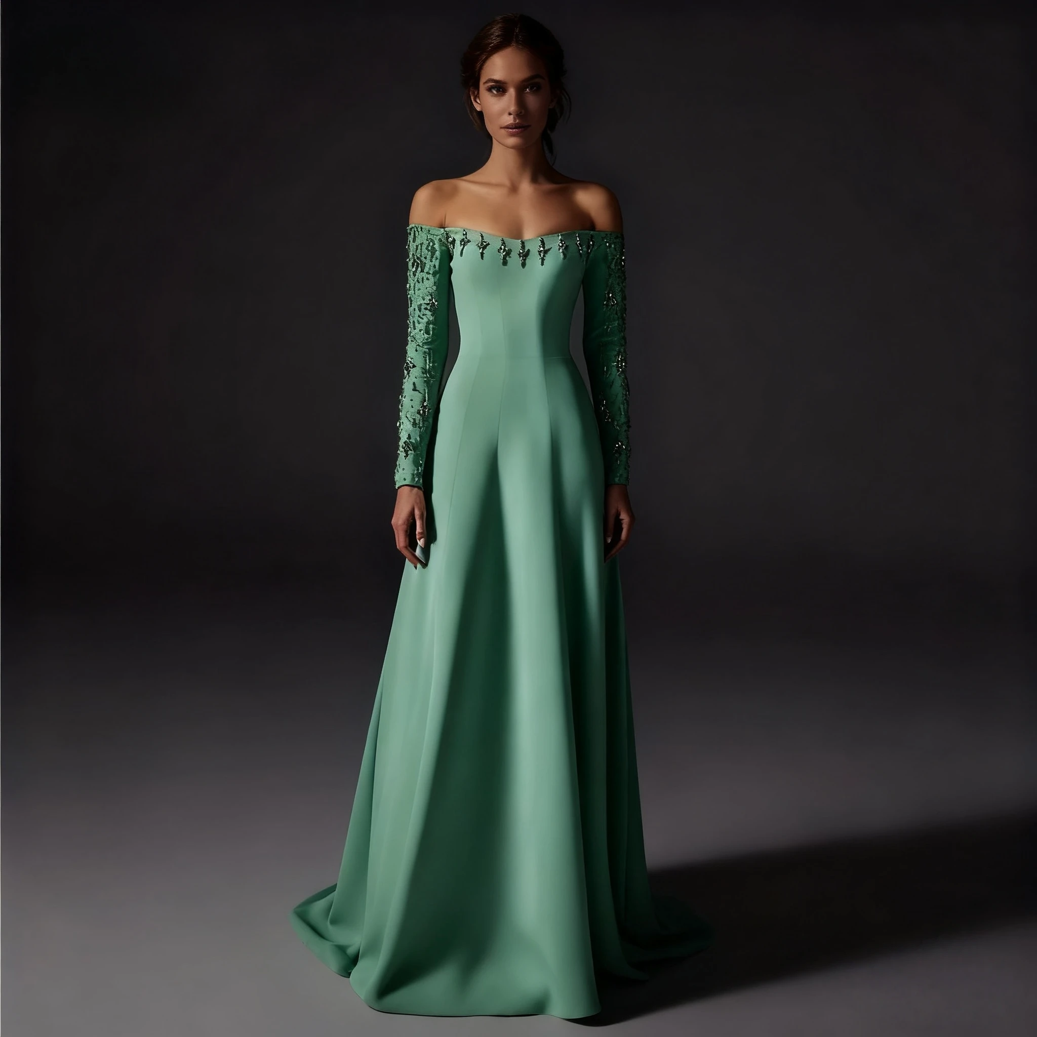 تدابير مخصصة خضراء أنيقة كريستال الديكور فساتين السهرة قارب الرقبة ثلاثة أرباع الأكمام فساتين السهرة زائدة رسمية #1