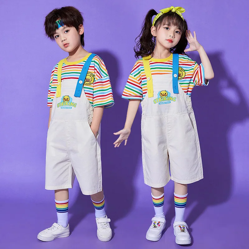 

Child Competition Show Clothes Hip Hop Costume Girls Boys Ballroom Dancing Wear Rainbow Striped T Shirt Overall Jazz Dance Cloth