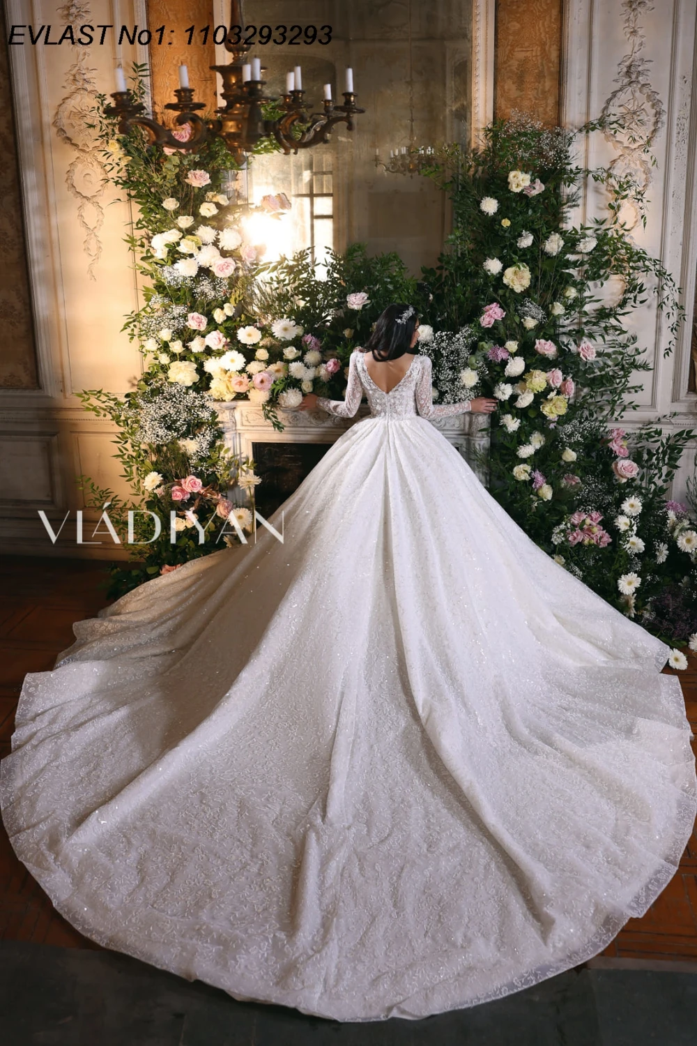 EVLAST Personalizzato Vintage A Line Abito da sposa Applique in pizzo con perline di cristallo Manica lunga Abito da sposa Abiti da sposa TBD163