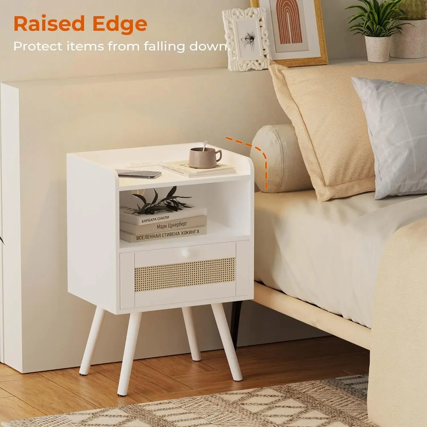 Nightstands with Charging Station, Bedside Table Set of 2 with PE Rattan Drawers, Rattan Side Table with Storage & Solid Wood Fe