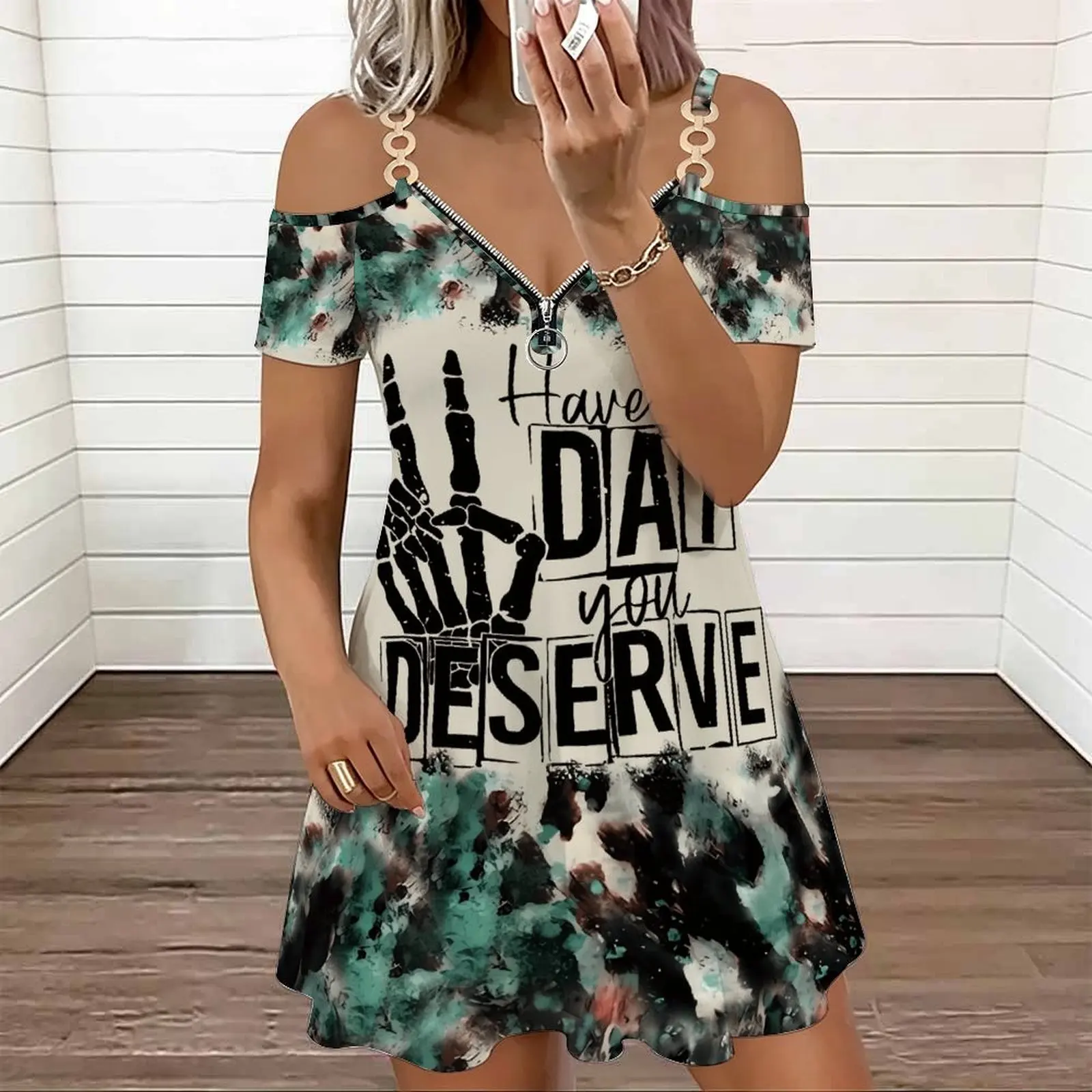 Women Off Shoulder Mini Dress Metal Ring Strap Zipper V Neck Short Sleeve Plaid Leopard Sequin Patchwork Summer Short Dress