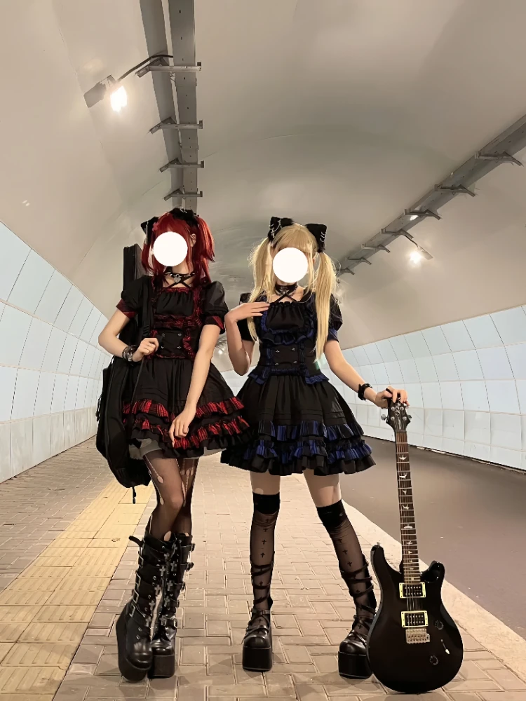 Japanische Punk Rock Mädchen Lolita setzt quadratischen Kragen Puff ärmel Slim Fit Top hohe Taille Blase kurze Röcke zweiteilige Set Frauen