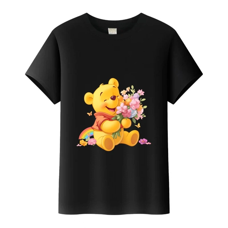 

Футболка с принтом медведя Пуха и цветов для девочек, топы с круглым вырезом для мальчиков, мужские летние свободные футболки, женская футболка, детские блузки, одежда унисекс, подарок