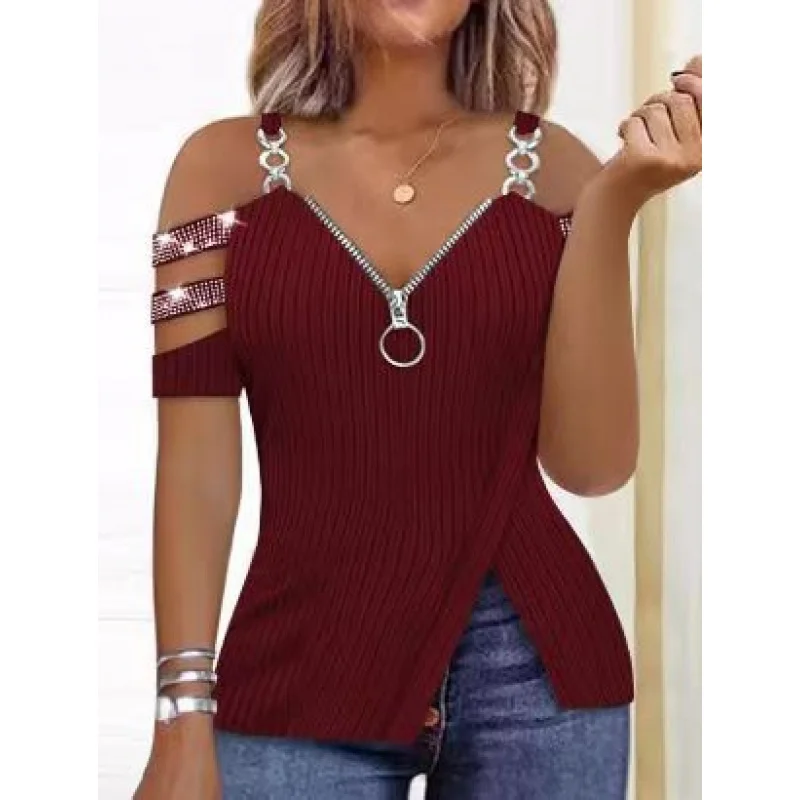 2023Europe and America Cross Border Hot DrillingVCOLLAR off-the-Shoulder Metal Strap Zipper Raglan Sleeve VestTT-shirt Sunken St