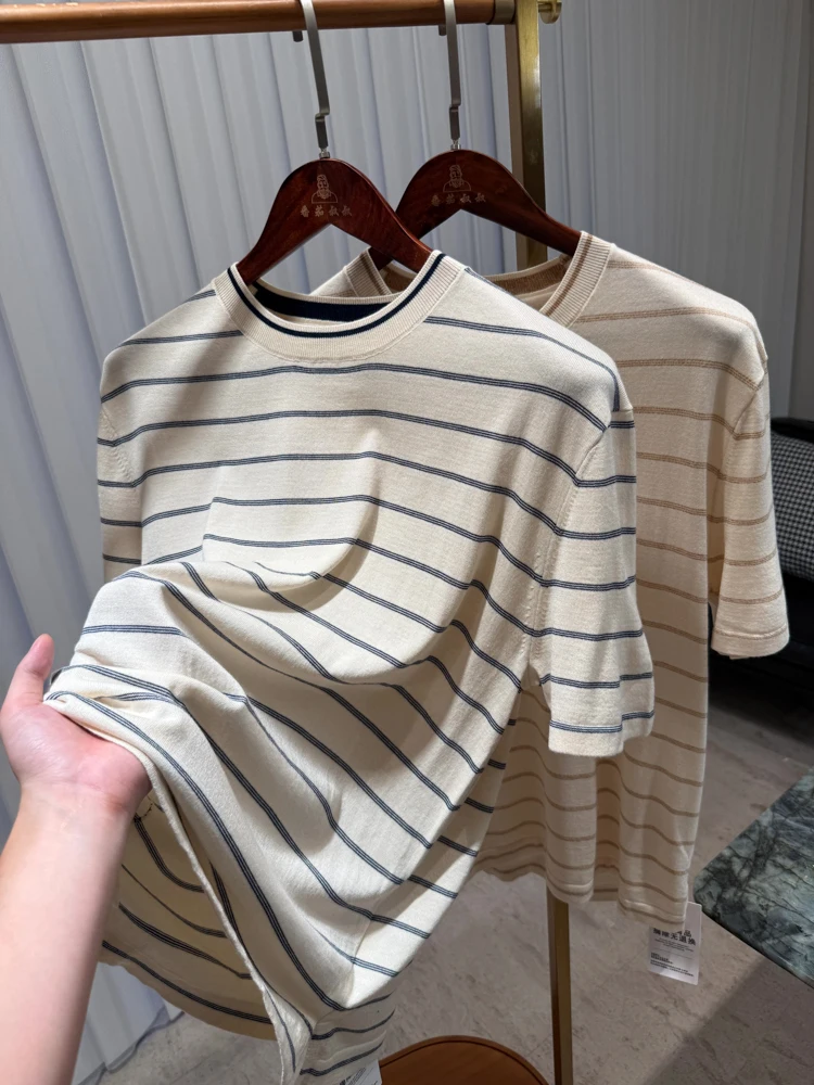 

High Comfort Silk Wool Blend Men's Light Busin Casual ort Sve Knitted irt Soft Smooth Wearable Summer T-irt