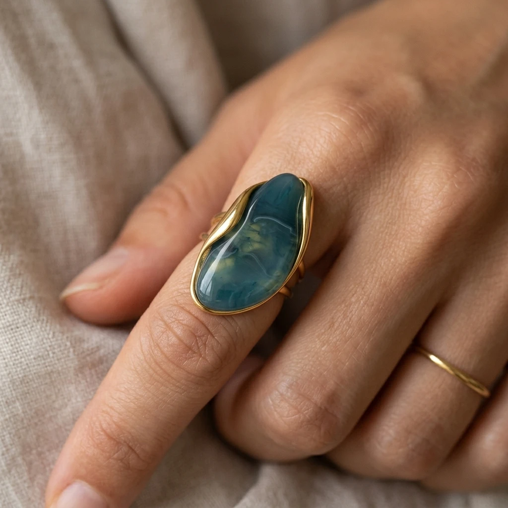Miia Jewelry 18K Gold Plated Stainless Steel Open Adjustable Ring Irregular Shape Colorful Resin Statement Ring For Women