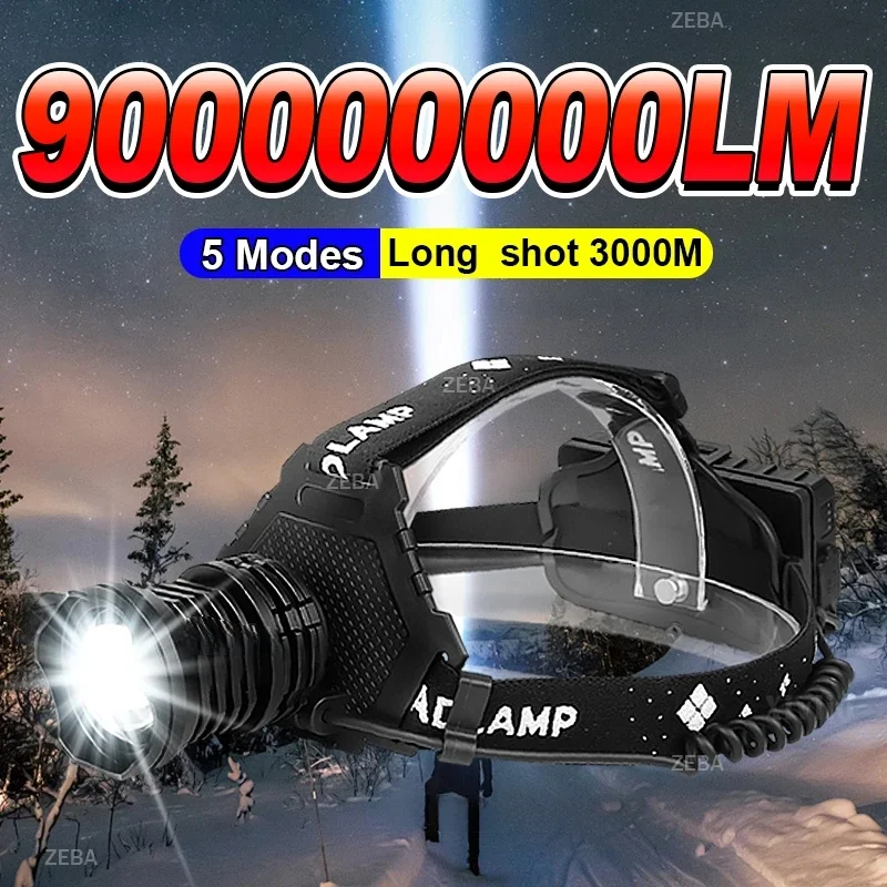 900000LM XHP360 Powerful Led Headlamp Large aperture 3000M Head Flashlight Type-c Recharge Front Head Light Fishing Head Lantern