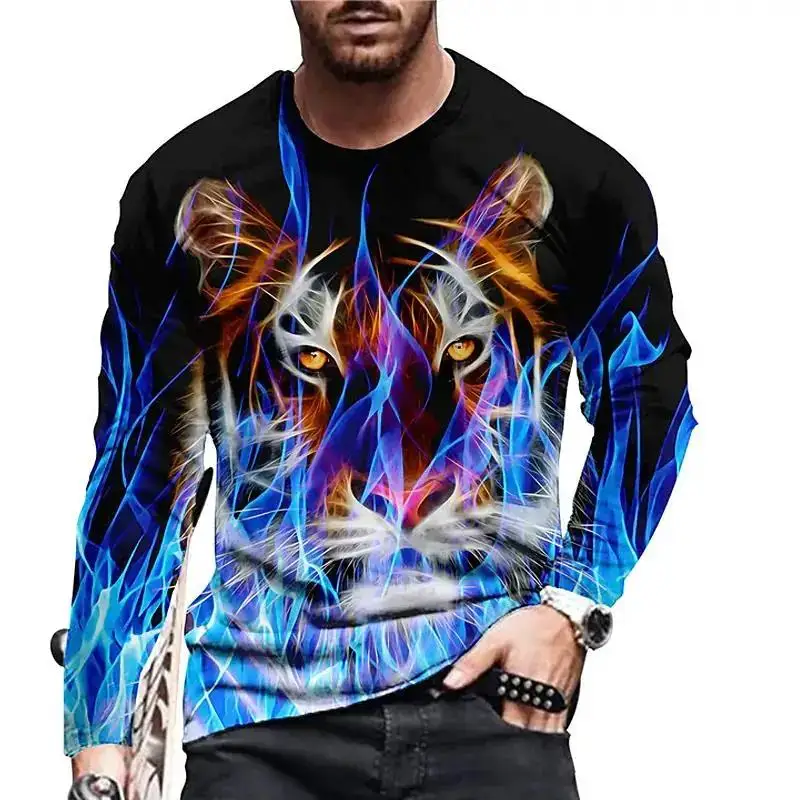 

3D Printed T-shirt With Animal Tiger And Lion 3D Printed Animal Long Sleeved Loose Round Neck Summer Animal Top men's Clothing