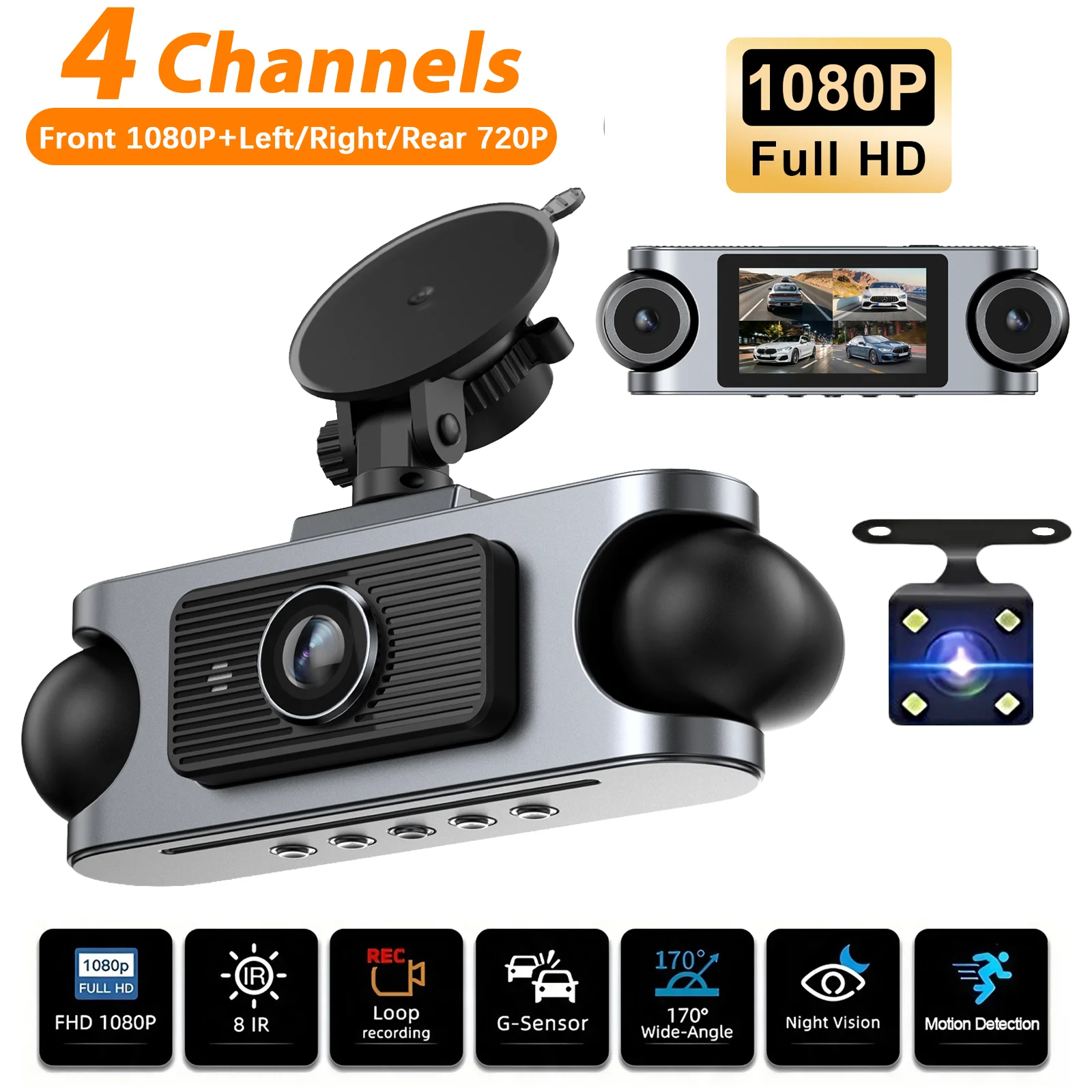 New Dashcam 4 Channels 1080P Black Box Car DVR 24H Parking Monitor Loop Recording Audio Vedio Recorder Vehicle Dash Camera