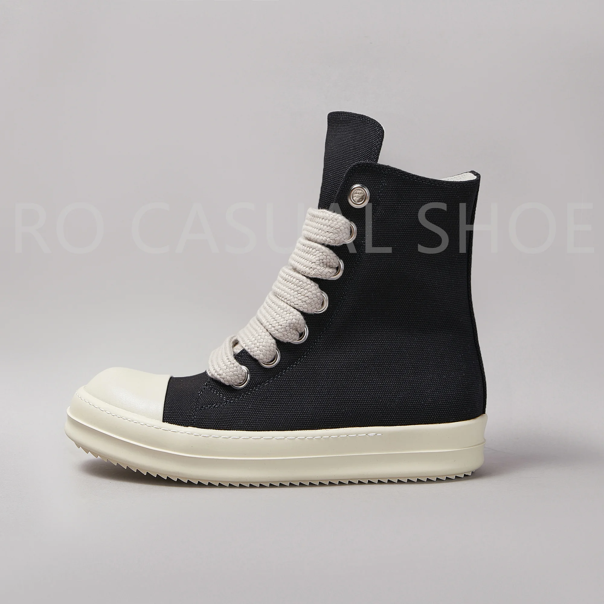 

RO Brand Ricks Luxury Casual Black Canvas High Top Quality Men Shoe Owens Design Jumbo Shoelace Women Sneaker Thick-Sole Shoes