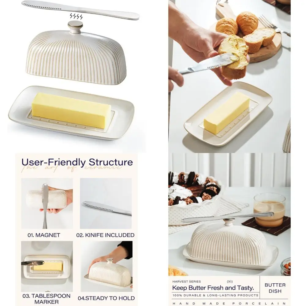 

ceramic butter dish with lid and stainless steel knife for countertop, with magnet to attract knife, fit both west east coast b