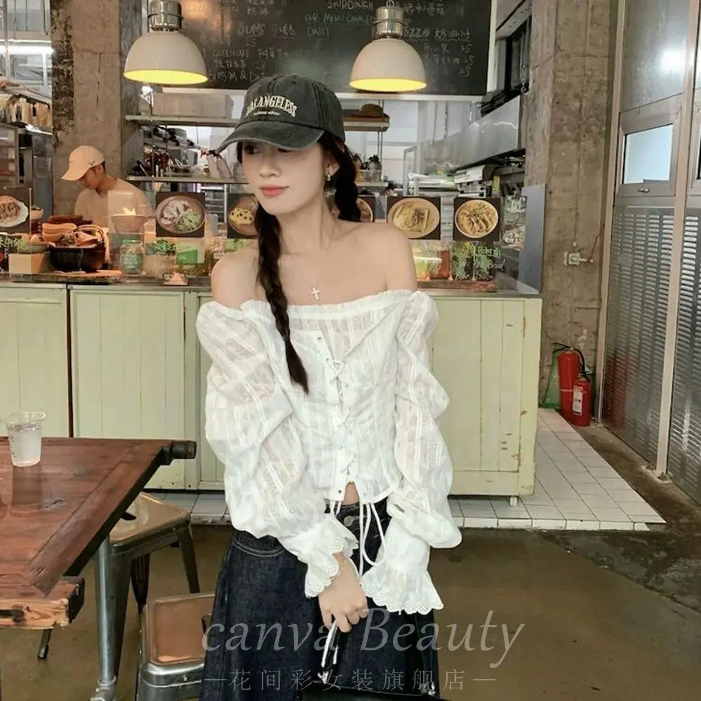 

French Sweet Lace-up Lace Shirt Butterfly One-length Spring New Casual Elegant Top Chic Temperament Pullover