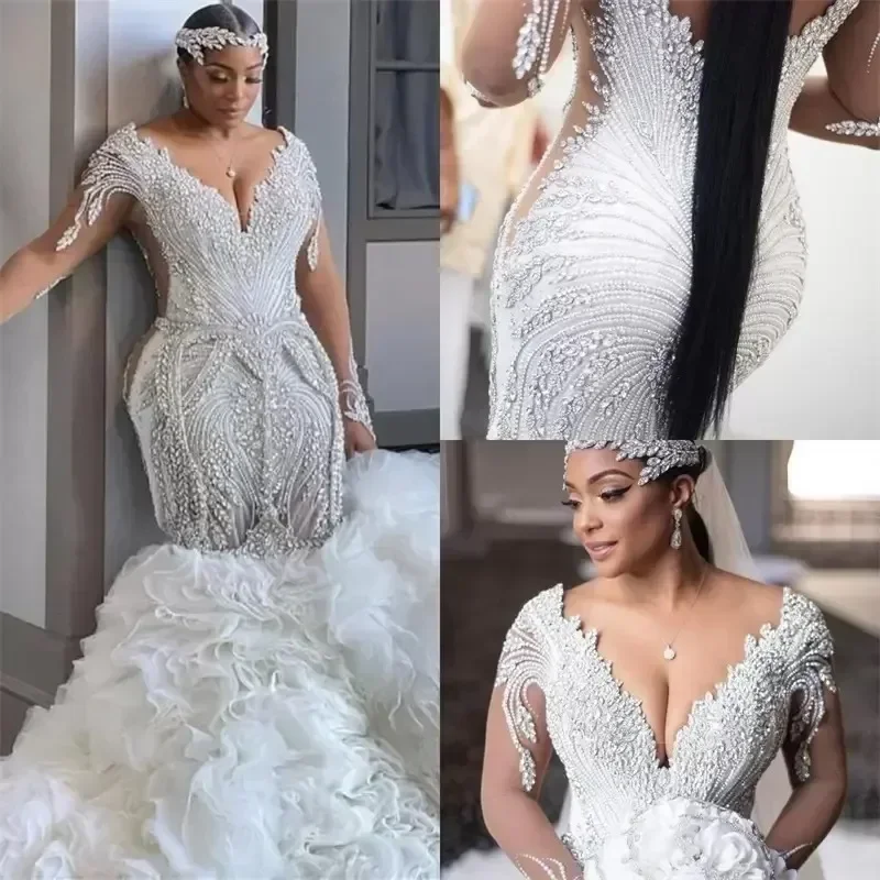Customized Crystal Mermaid Wedding Dresses Bridal Gowns Lace Appliqued Beaded V Neck Long Sleeve Tiered Ruffles Vestido De Noiva