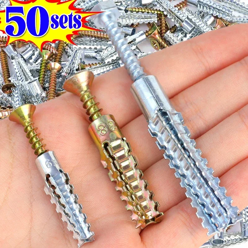 10/50Sets Metal Expansion Tube Pipe Self Tapping Screw Drilling Plug Solid Serrated Thorny Wall Anchor Expansion Bolt Fasteners