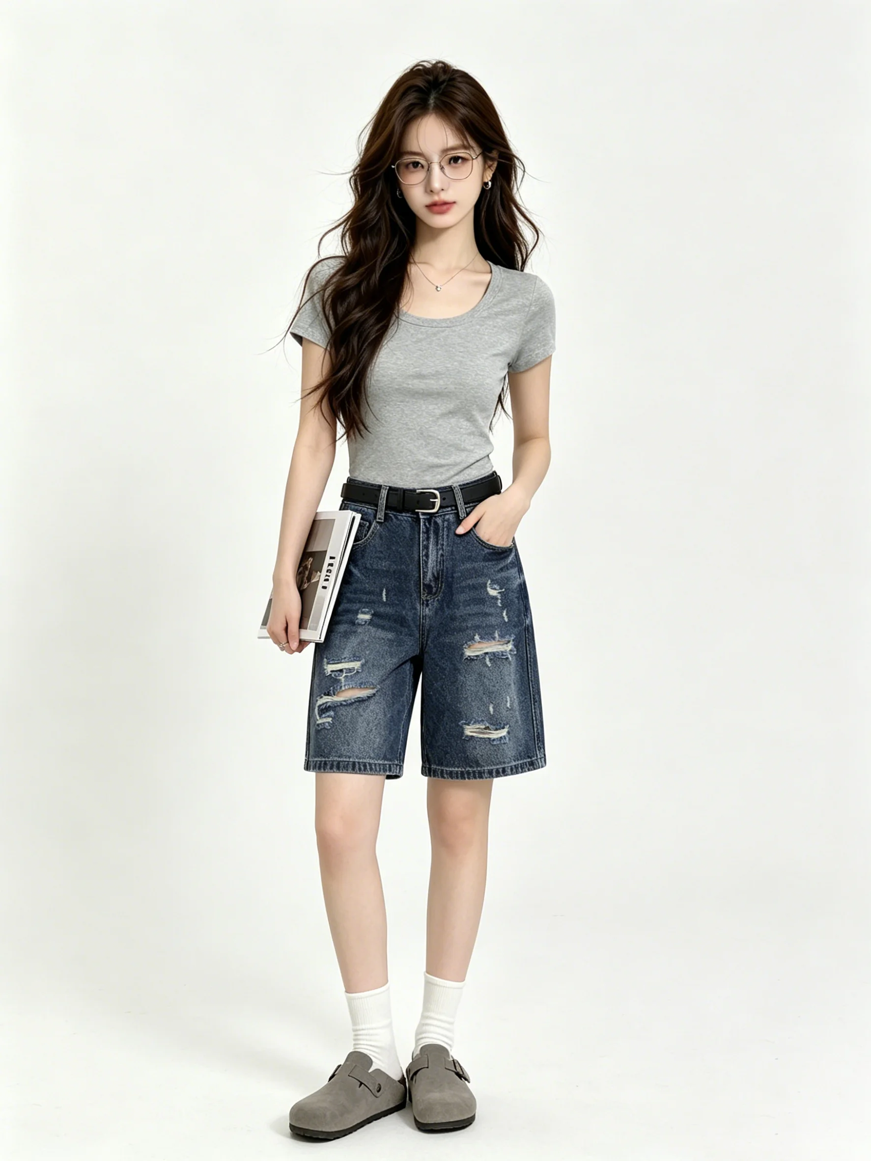 

Retro Style Distressed Wide Leg Denim Jeans Women's Loose High Waist Straight Cut Five-Quarter Shorts Versatile Short Pants