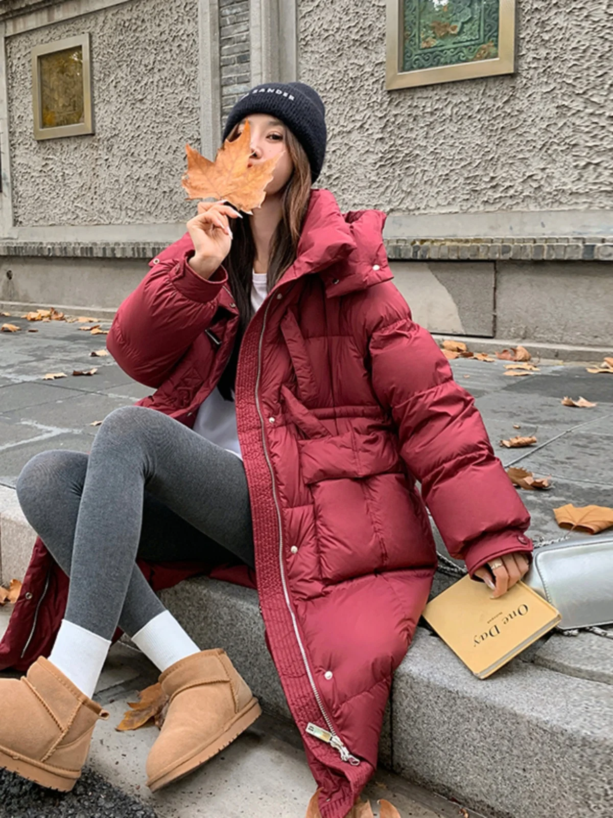 레드 롱 오버니 여성용 패딩 재킷 겨울 패션 하이엔드 브레드 스타일 스트리트웨어 한국 출퇴근 스타일 지퍼 클로저