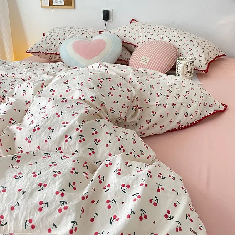 Bedding Set  Girls Cherry  Soft Washed Cotton Bed Sheet Queen King Size Duvet Set  Comforter Set Pillowcase Bed Linens