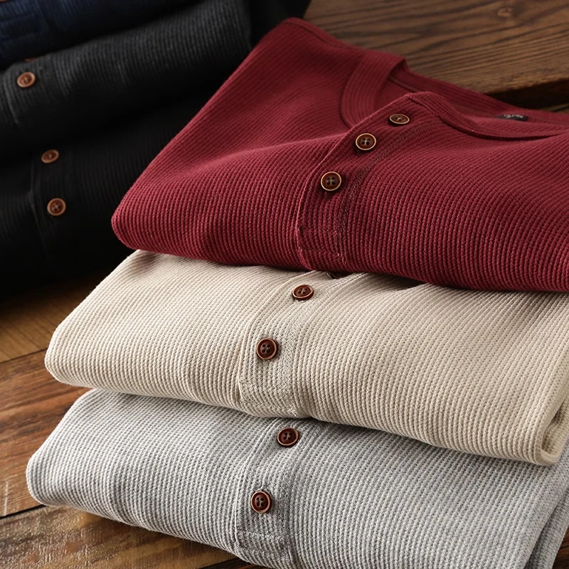 Men's Fleece - Lined Thickened Long - Sleeved Henley Neck Waffle Knit T - Shirt  Thickened Autumn and Winter Warm Base Shirt