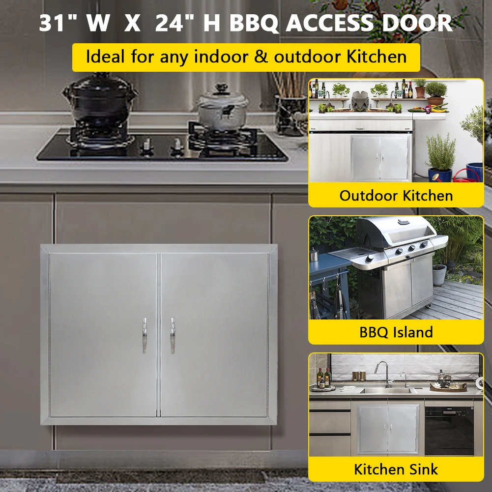 31x24inch BBQ Access Door, Grill Door Double Door Brushed Stainless Steel, Outdoor Kitchen Doors For BBQ Island Grilling Station