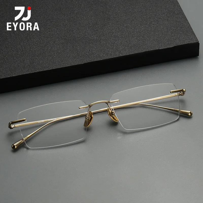 

EYORA Business Pure Titanium Rimless Square Reading Glasses Anti Blue Ray Myopia and Hyperopia Photochromic Prescription Eyewear