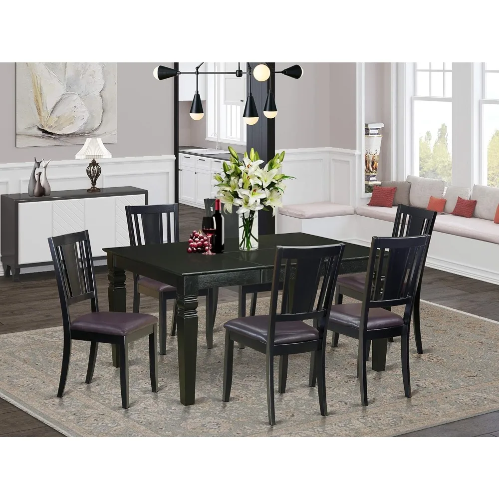 7 Piece Set Consist of A Rectangle Dinner Table with Butterfly Leaf and 6 Faux Leather Dining Room Chairs, Kitchen Set