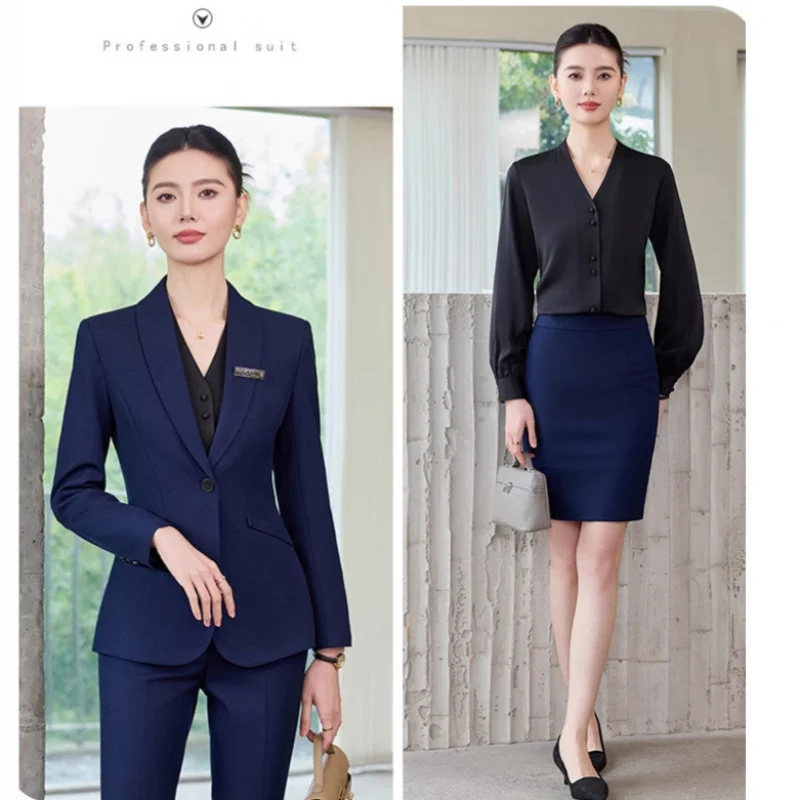 

Темно-синий женский костюм 2025: Новинка! Элитный профессиональный деловой костюм-пиджак для весны и осени