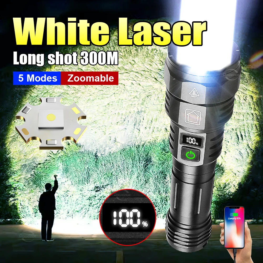 2024 White Laser LED Ultra Powerful Flashlight High Power Rechargeable LED Hand Torch Type-C Charging Outdoor Lamp Lantern