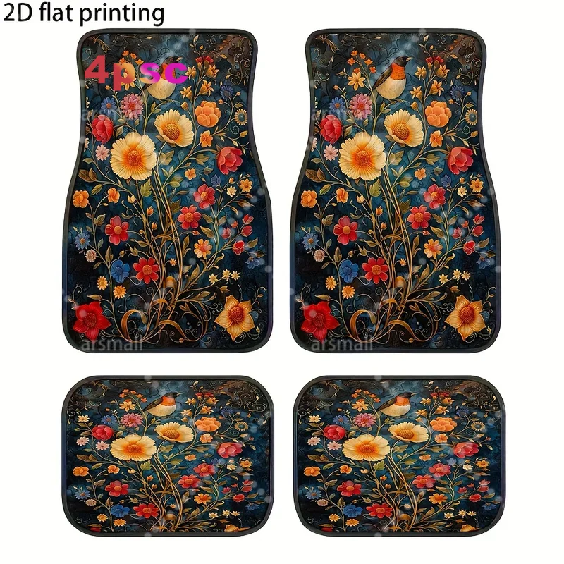 4pcs Car Floor Mats, Featuring A Pattern Of Birds And Flowers, Made Of Polyester Fiber, Universal Car Mats Suitable For All Seas
