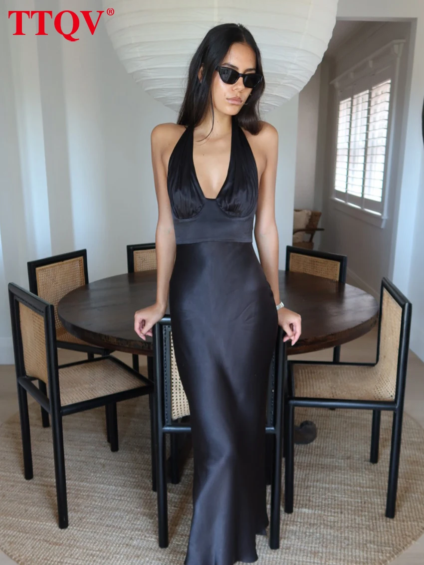 

TTQV Sexy Slim Black Satin Women's Dress 2026 Summer Halter Sleeveless Maxi Dresses Lady Elegant Classic Backless Female Dress