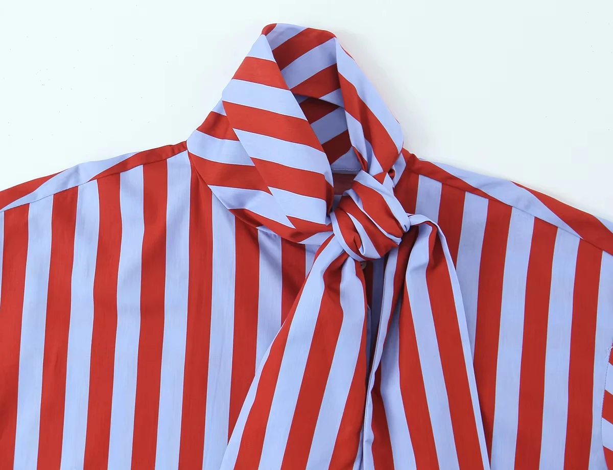 HH Damen Mode Gestreiftes Hemd Retro Farbblock Schal-Kragen Langarm Einreihige Bluse 2026 Herbst Lässiges Urlaubstop – Detail 4
