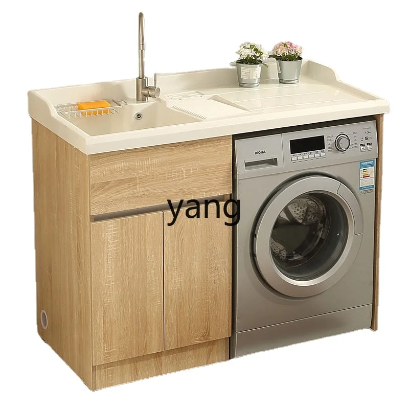 Yjq Wash Wardrobe Combination Solid Wood Washing Machine Cabinet High and Low Basin Inter-Platform Basin Sink Washing Machine