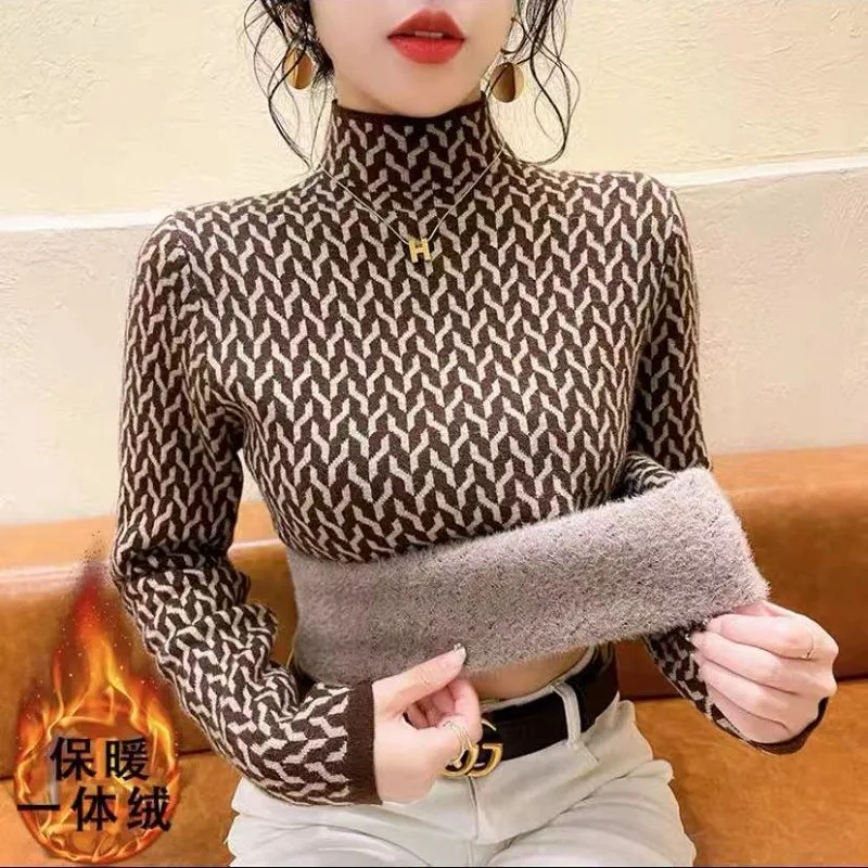 Women's Autumn Winter Half High Neck Plus Velvet Pullover Long Sleeve Underlay Chic Sweater Fashion Versatile Elegant Lady Tops