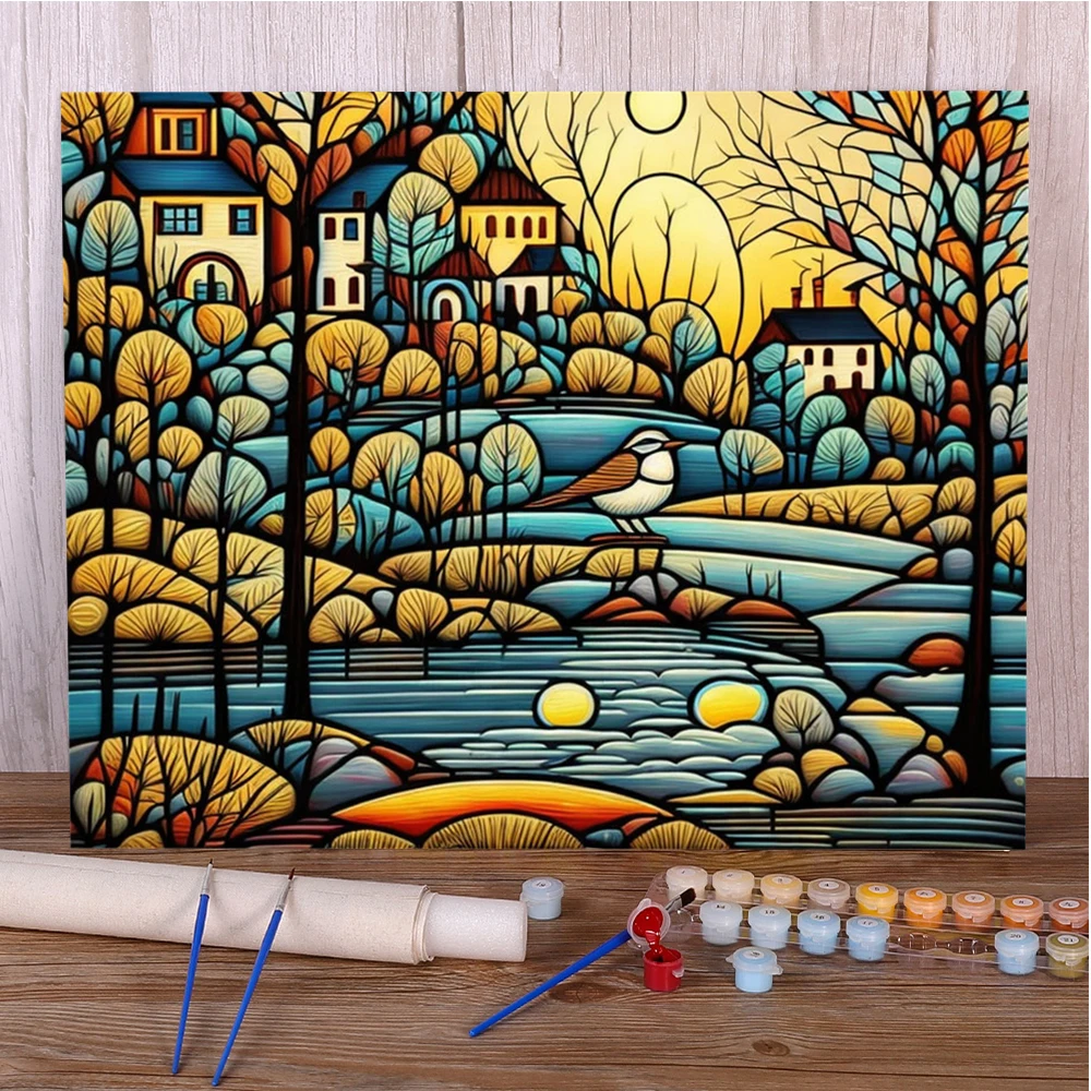 Landscape Cartoon House Coloring By Numbers Painting Set Acrylic Paints 50*70 Boards By Numbers Handmade For Adults For Drawing