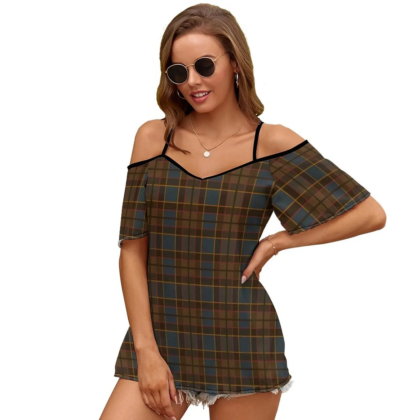 Tartan Slit Sleeve Cold Shoulder Print Women T Shirt Casual Summer Tee Tshirt Loose Top Outlander Jamie Fraser Claire Jamie