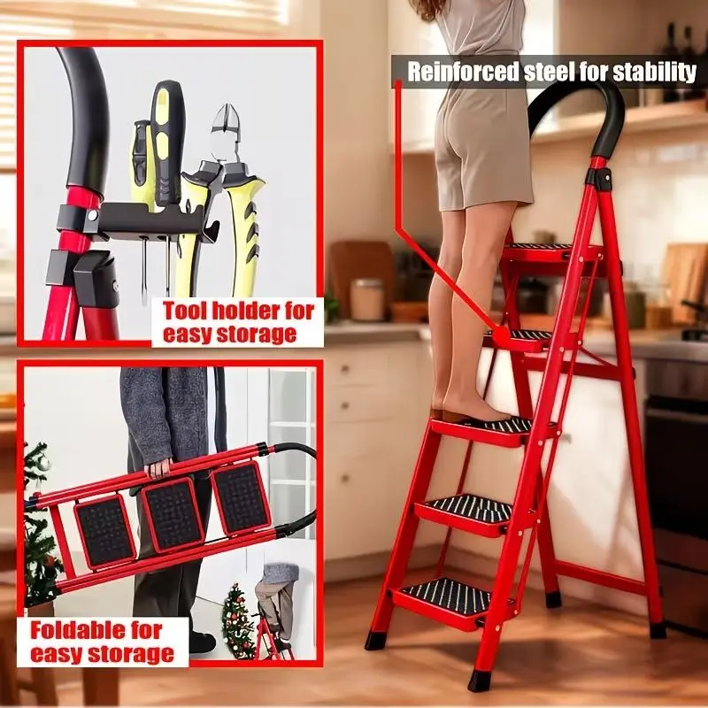 Heavy Duty 500 lbs Folding Step Ladder, Steel Step Stool with Wide Anti-Slip Pedals, Safety Lock and Handrails, Portable Multi P