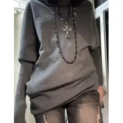 American Vintage Autumn Winter Women Sweater Solid Turtleneck Patchwork Irregular Bat Type Long Sleeve Pullovers Knitted Tops