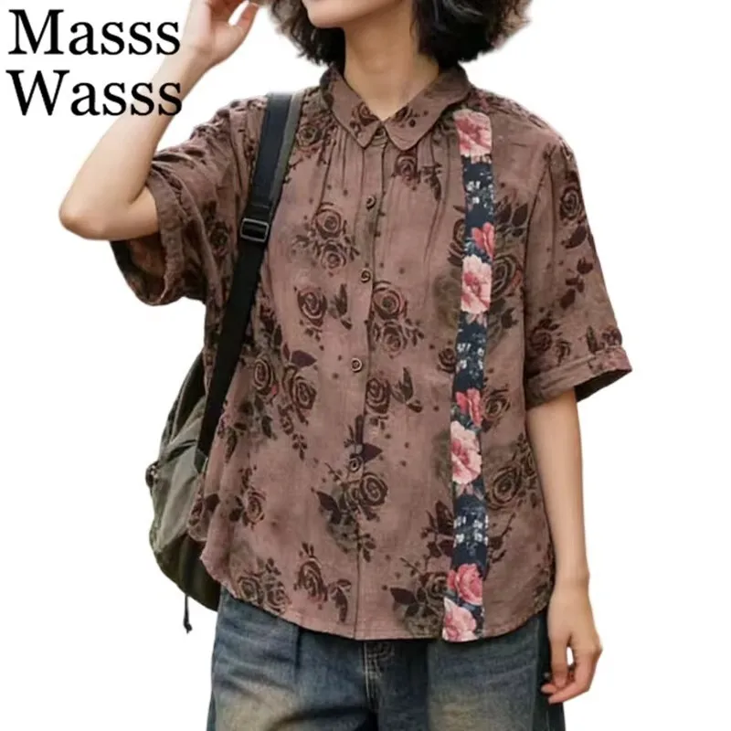 

Masss Wasss Summer Vintage Floral Shirts Ladies Fashion Classic Luxury Tops Womens British Design Elegant Leisure Loose Clothes