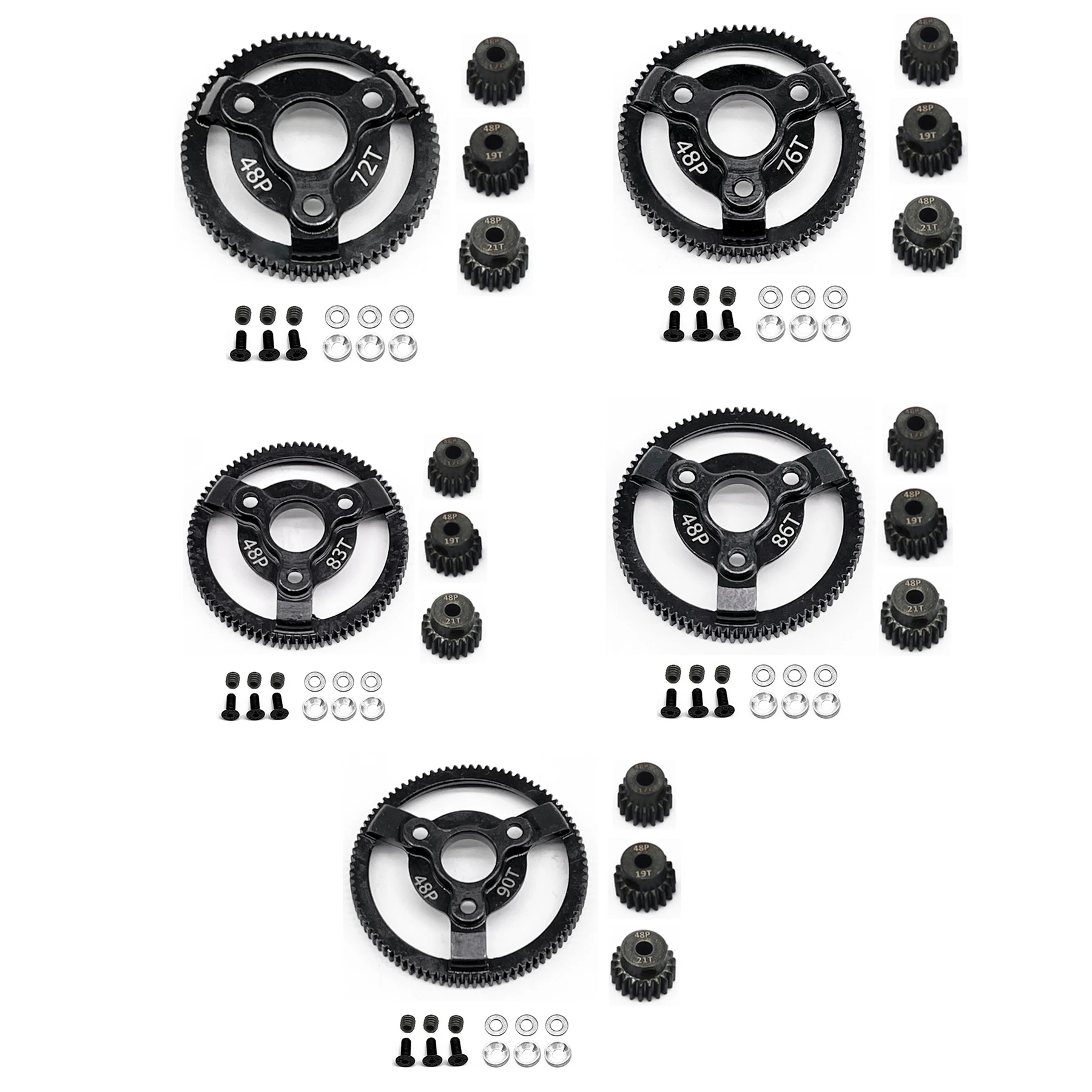 Hardened Black Steel Spur  72T 76T 83T 86T 90T Gear with Pinion Gear 48P for Traxxas Slash 2WD Bandit Rustler Stampede Drag Slas
