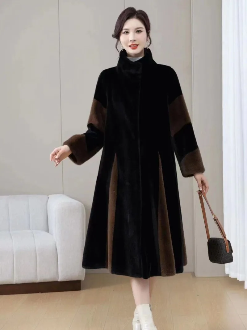 2025 Winter Women's Loose Fitting Mink Fur Patchwork Fashion Faux Fur Coat Women's Thick Mink Fur Long Standing Collar Warm Coat