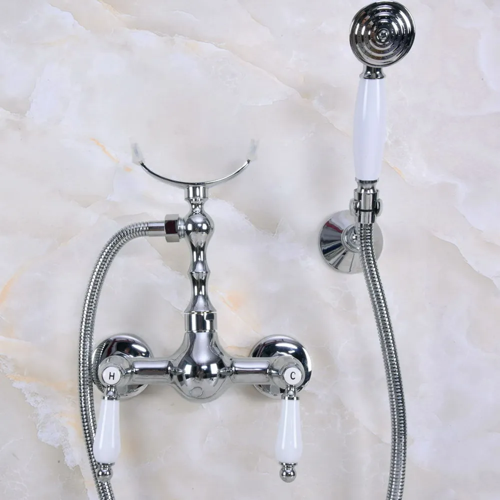 

Polished Chrome Brass Wall Mount Bathtub Faucet with Handheld Shower Set +1500MM Hose Mixer Tap 2na268