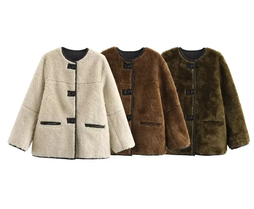 

Шерстяное пальто с длинными рукавамиМодное трехцветное пальто с круглым вырезом и мехом с длинными рукавами Плюшевая куртка Зимняя теплая стильная женская куртка