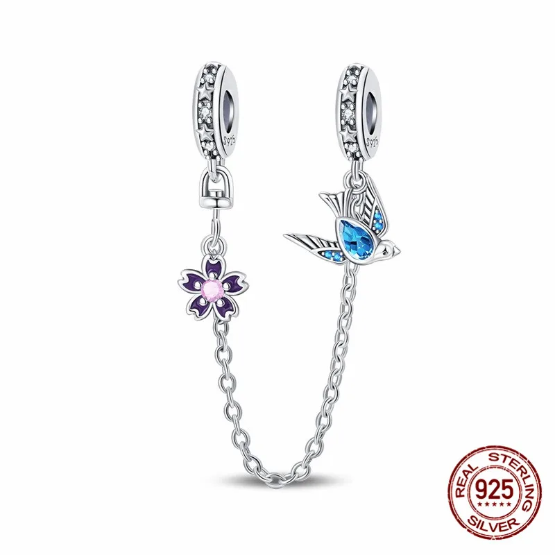 

925 Sterling Silver Safety Chain Pendant Bead Inlaid with Zircon Paired with an Original Bracelet DIY Womens Jewelry Gift