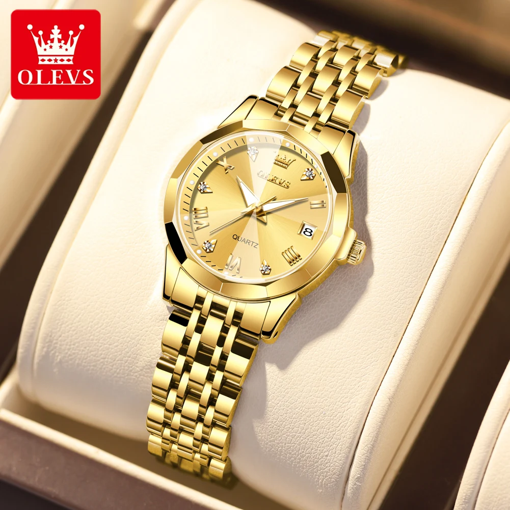 OLEVS Luxury Original Brand Women Watch Gold Stainless Steel Strap Quartz Watch Waterproof Prismatic Mirror Surface Female Watch