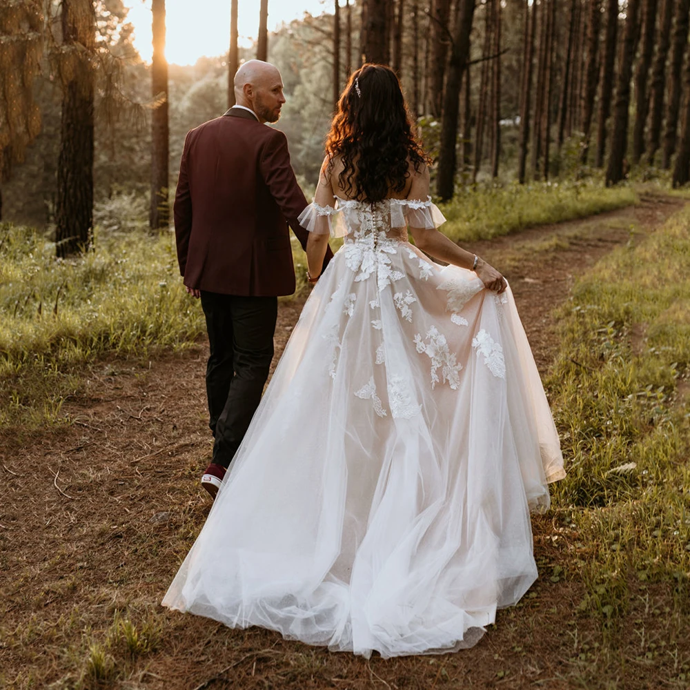 Sweetheart Shimmer Tulle Appliqued abito da sposa con spalle scoperte bottoni ricamo fotografia paillettes personalizzate abito da sposa