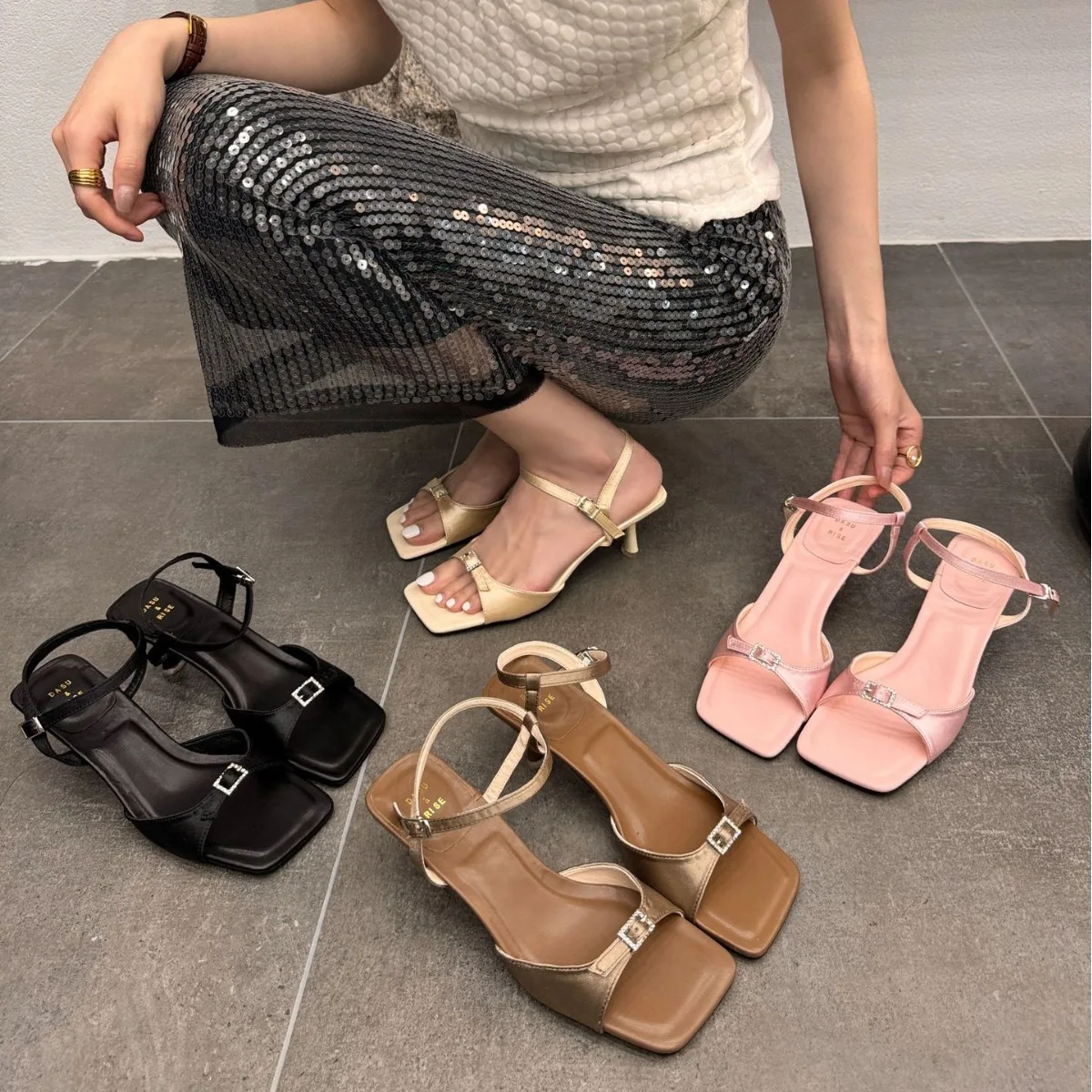 Buckle Strap Sandals Stiletto Heels Women\'s Low Shoes Square Toe Suit Female Beige 2024 Summer Low-heeled Retro High Black Open