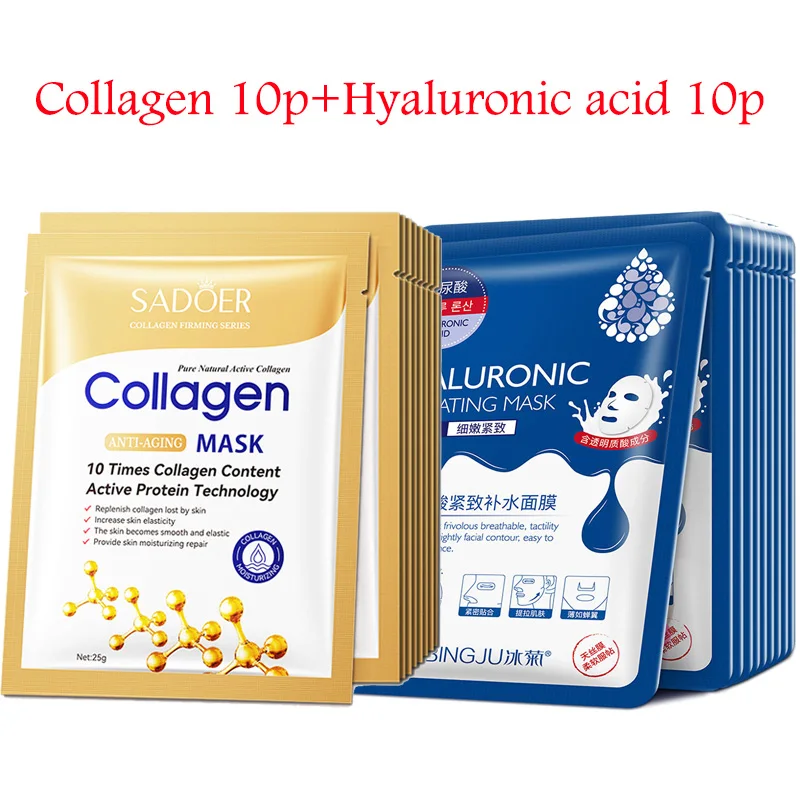 20pcs Hyaluronzuur Collageen Gezichtsmasker huidverzorging Hydraterende Verstevigende Hydraterende Gezichtsmaskers Vel Masker Koreaanse Huidverzorging