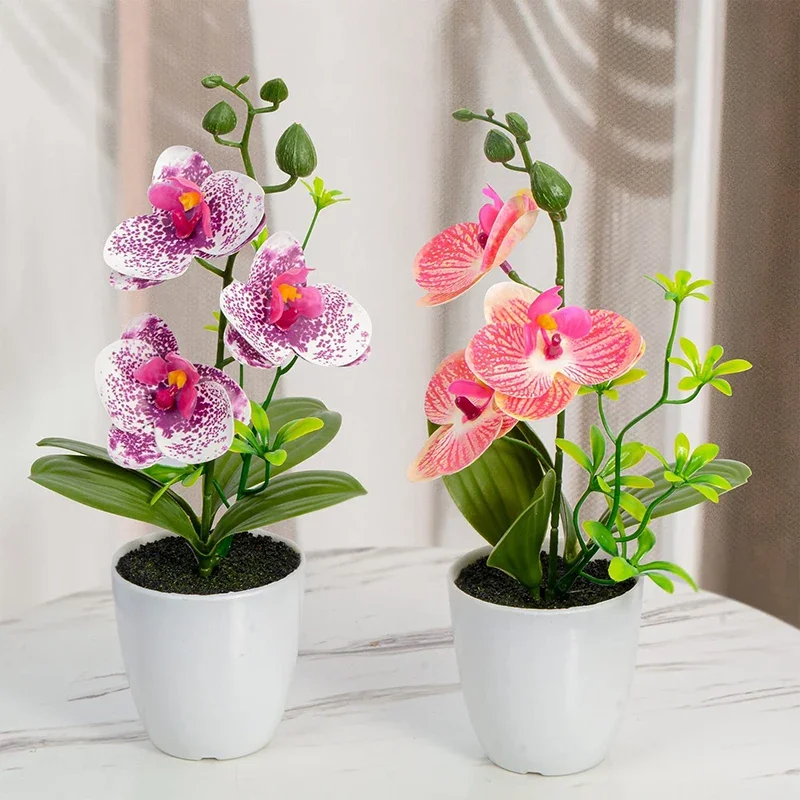 Artificial Orchid Flower Faux Orchid Fake Phalaenopsis Bonsai Outdoor Indoor Potted for Office Home Wedding Party Indoor Decor